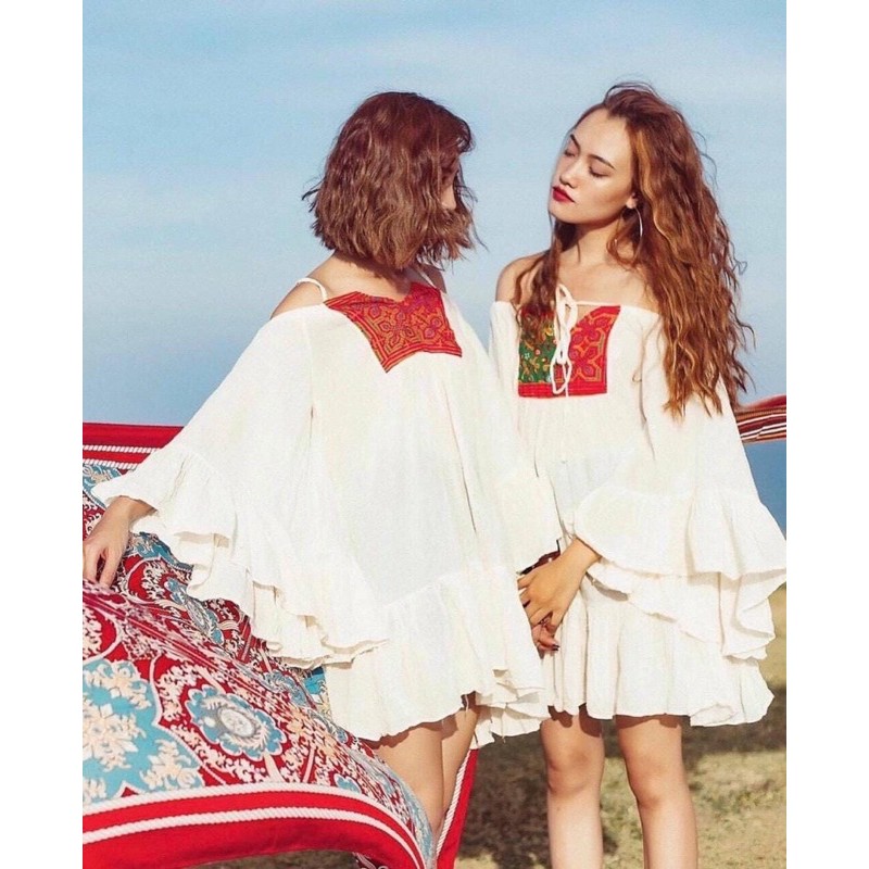 Váy đầm Babydoll trễ vai tay loe thổ cẩm boho (ảnh thật cuối)