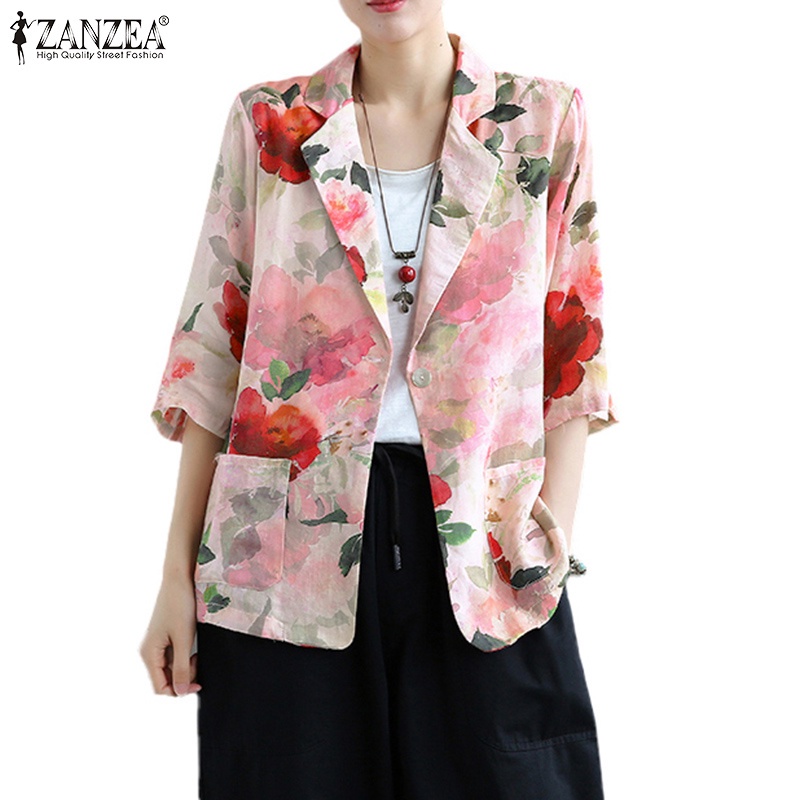 ZANZEA Women Vintage Turn-Down-Collar Front Pockets 3/4Sleeve Printed Suits