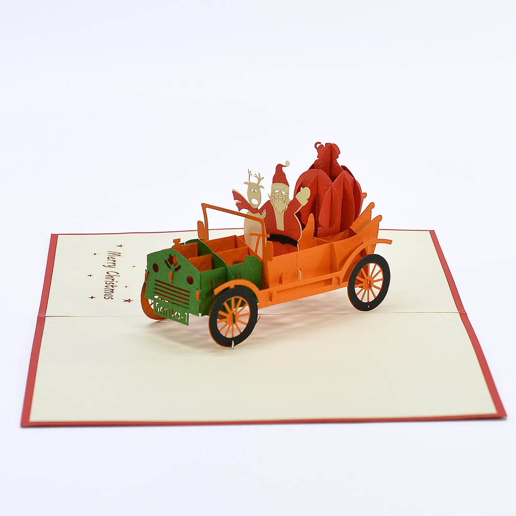 Thiệp nổi 3D Santa Clause, christmas pop-up card chuyến xe chở những món quà size 12x18 cmCN119