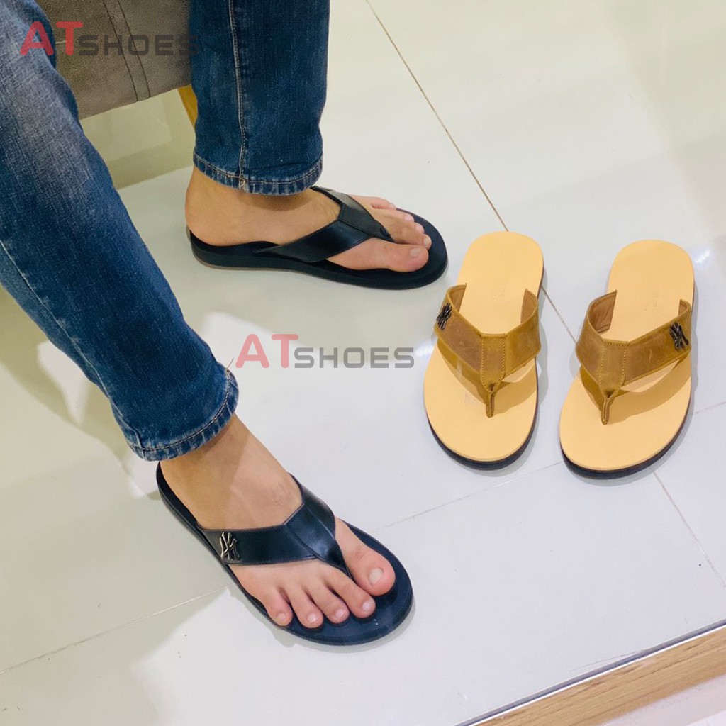 Dép Kẹp Nam Da Bò Dép Xỏ Ngón Cao Cấp Chống Nước Atshoes (Đen Nâu Vàng) XNAT01