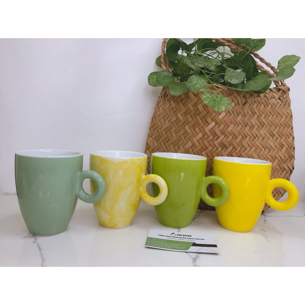 Bộ tách ly cốc sứ uống nước trà latte quai tròn 330ml Bát Tràng các màu  cao cấp kiếu dáng độc lạ