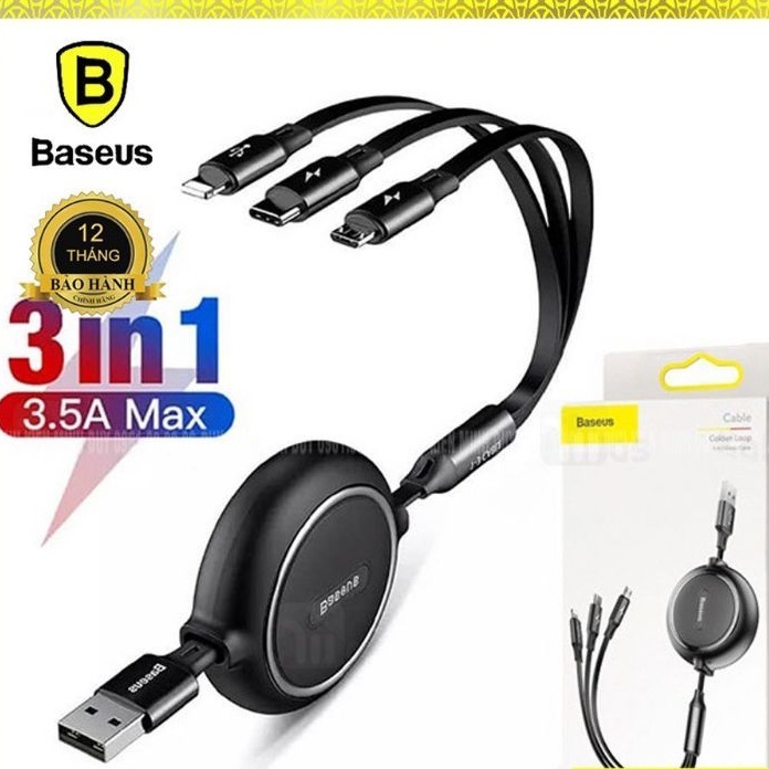 ❇️Cáp Sạc dây rút Baseus Fabric 3-in-1 Flexible Cable tích hợp 3 đầu Type C / Micro USB / Lightning 3.5A 1.2M
