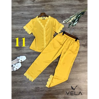 Bộ đồ ngủ quần dài phối Ren Cổ Tim lụa Satin VELA