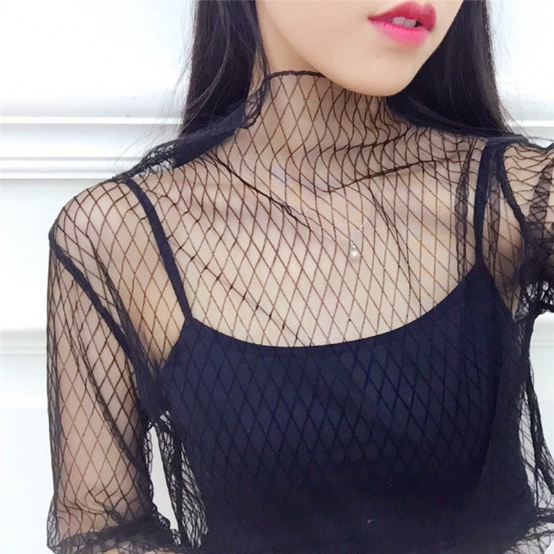 💜HY Phụ nữ trong suốt áo lưới áo blusas áo dài tay áo chemise