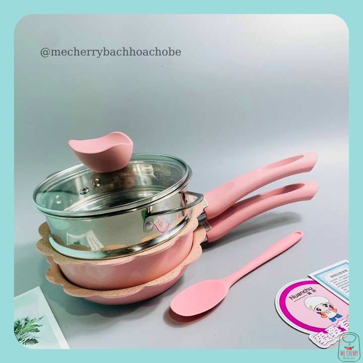 Bộ nồi chảo đá hình hoa dễ thương 16cm cho bé nội địa Trung  giành cho mọi loại bếp