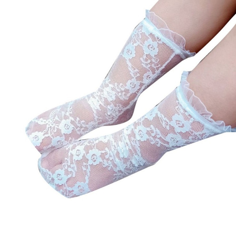 Vớ Lưới Dài Qua Gối Màu Trắng Phối Ren Hoa Kiểu Công Chúa Cho Bé Gái