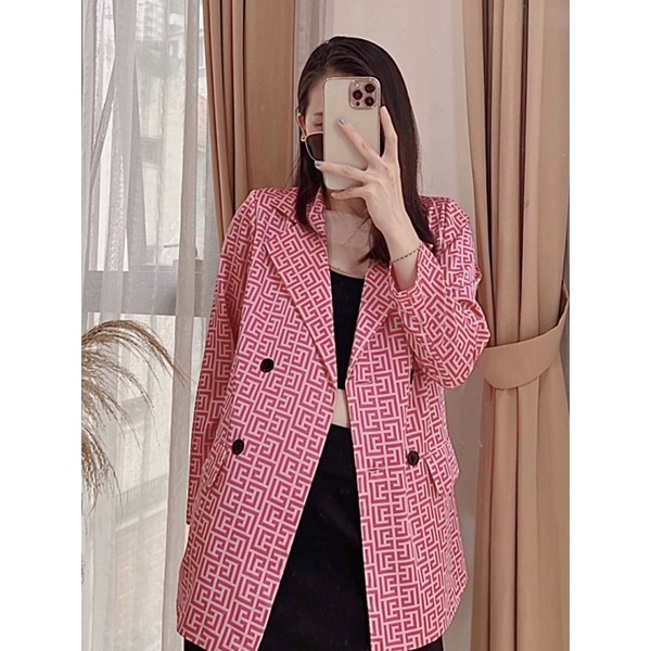 Áo khoác blazer nữ 1 lớp dáng dài họa tiết chất vải mát, có độn vai hàng thiết kế Huien Design độc đáo, áo vest nữ
