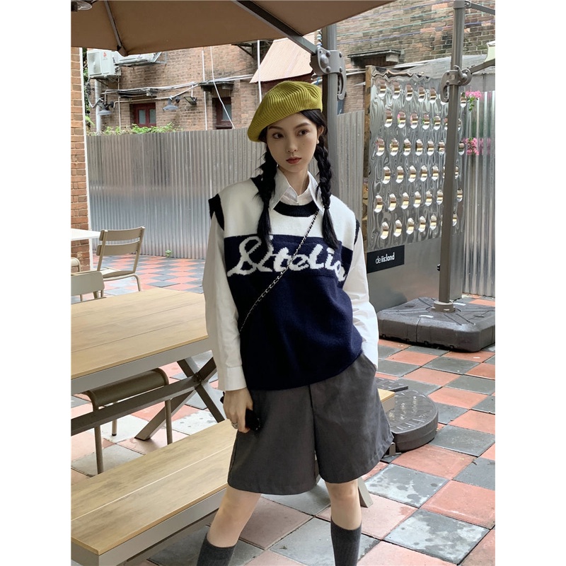 Áo Sweater Dệt Kim Không Tay Dáng Rộng Phong Cách preppy