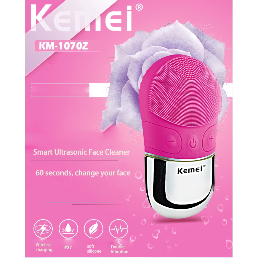 Kemei Electric Silicone Facial Cleansing Brush Sonic Vibration Massage Wireless Charging Ultrasonic Face Cleaner Beauty Tool
