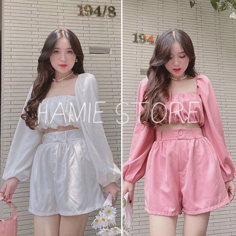 Bộ đồ nữ cá tính HSG070, kiểu áo croptop ôm ngực tay bồng kết hợp quần sooc ống rộng cạp cao qua rốn