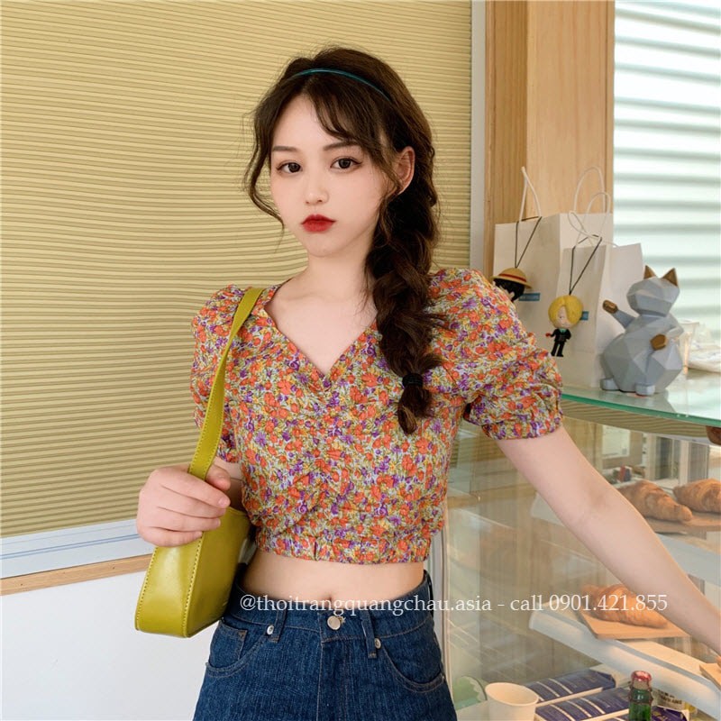 Áo Croptop, áo sơ mi hoa nhí Mã QC70-Hàng quảng châu