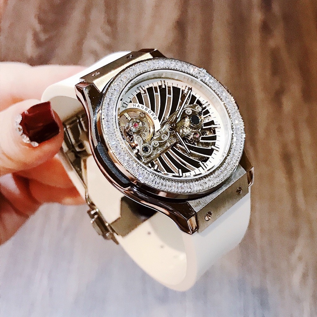 Đồng Hồ Nữ Hanboro By Huboler Dây Silicon Trắng Silver 36mm Chính Hãng