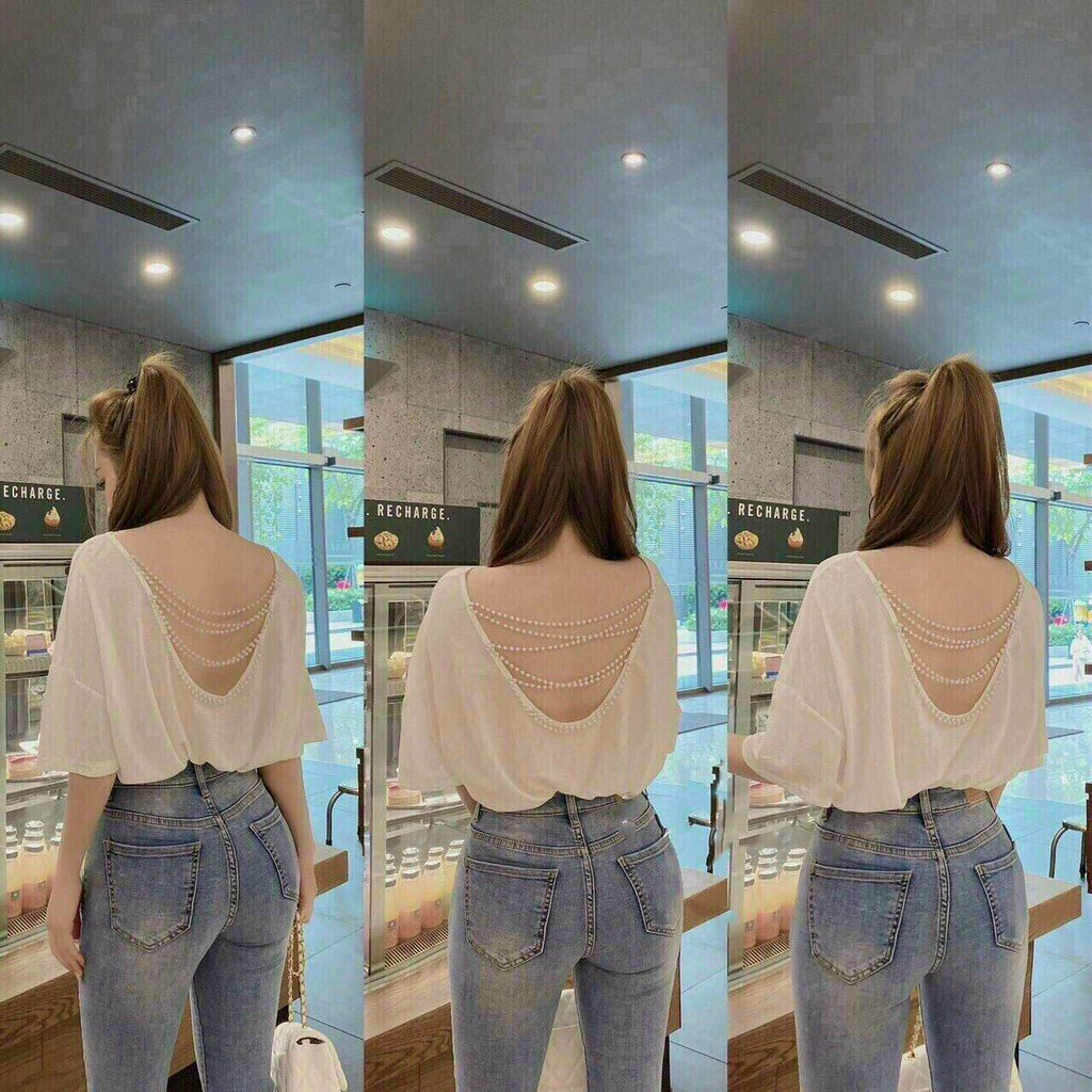 [BÁN CHẠY] ÁO KIỂU HẠT NGỌC TAY NGẮN 2 màu trắng và đen HÀNG CO GIÃN YL81214