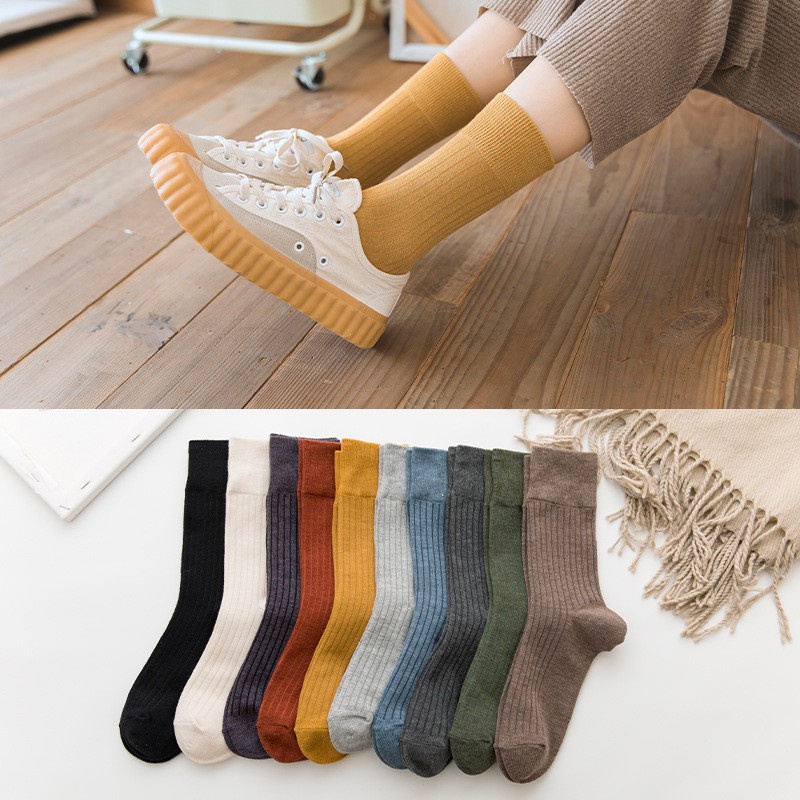 TIAN TIAN T041 Hàng cao cấp Vớ Cotton dệt kim sọc dọc màu trơn Nhật Bản cho nam và nữ