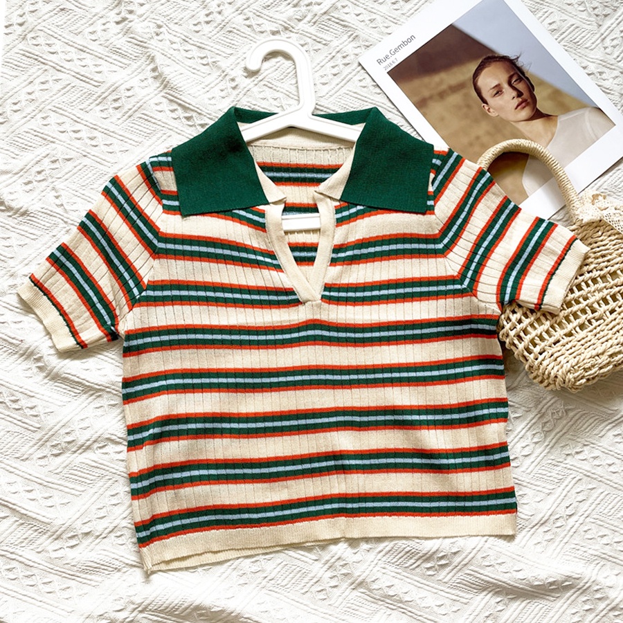 SUXI Áo Polo Dệt Kim Ngắn Tay Dáng Ôm Kẻ Sọc Kiểu Vintage Thời Trang Mùa Hè Năng Động
