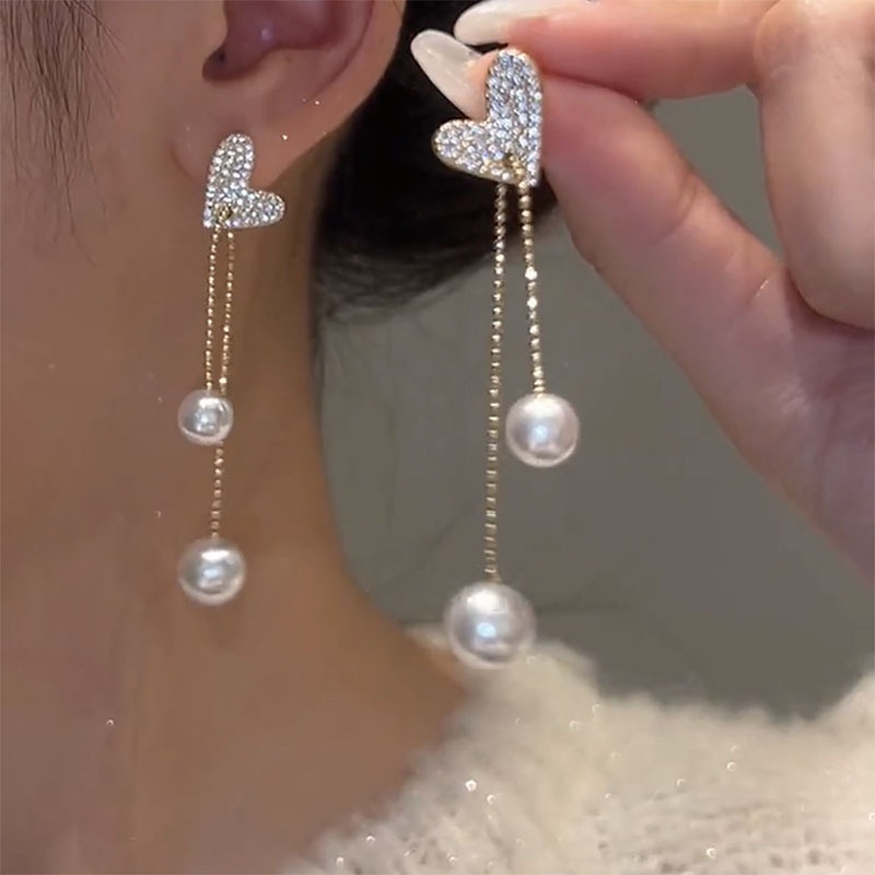 Bông Tai Chuỗi Dài Hình Trái Tim Bằng Pha Lê Toàn Diện Phối Dây Xích Kim Loại Mạ Vàng Cho Nữ