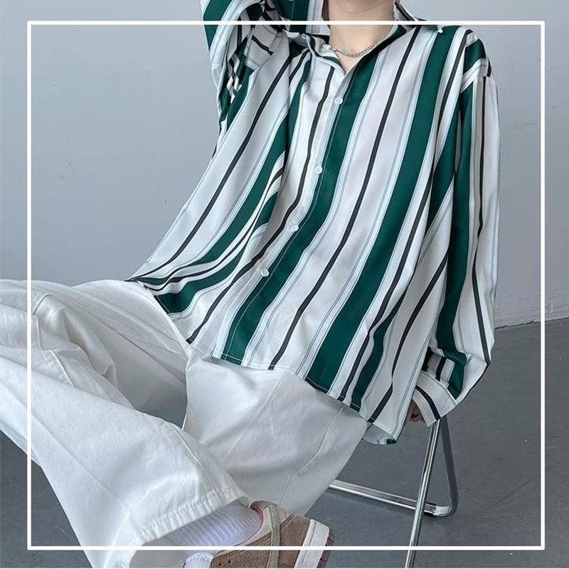 Áo Sơ Mi Tay Dài Dáng Rộng Họa Tiết Kẻ Sọc Thời Trang Mùa Hè Phong Cách Hàn Quốc Cho Nam Size M-2XL