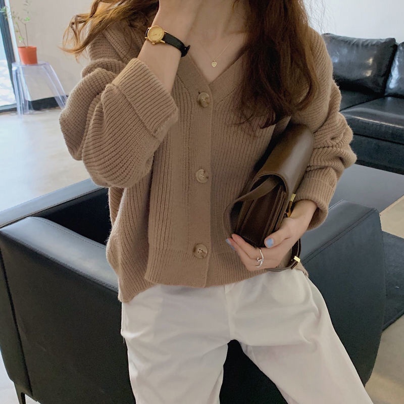 Áo khoác Cardigan dệt kim tay dài cổ chữ V dáng rộng mềm mại phong cách Hàn Quốc thời trang thu đông cho nữ