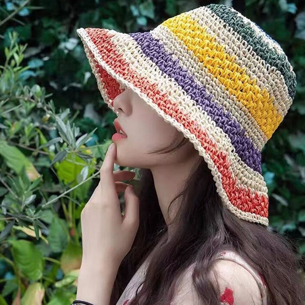 Mũ rơm rộng vành che nắng thoáng khí màu cầu vồng có thể đIều chỉnh và gấp gọn dành cho nữ