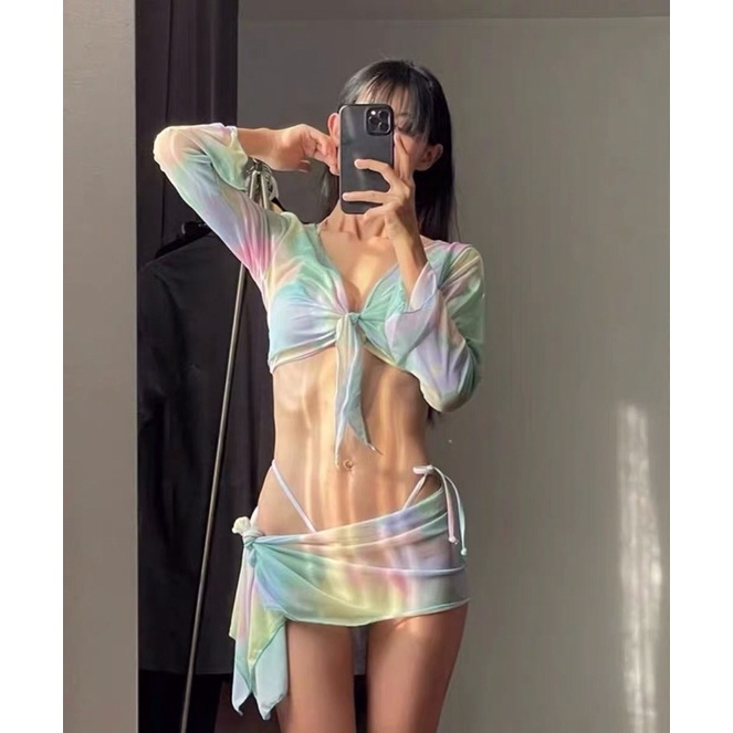 Bikini set 4 món tay dài hoạ tiết loang quyến rũ