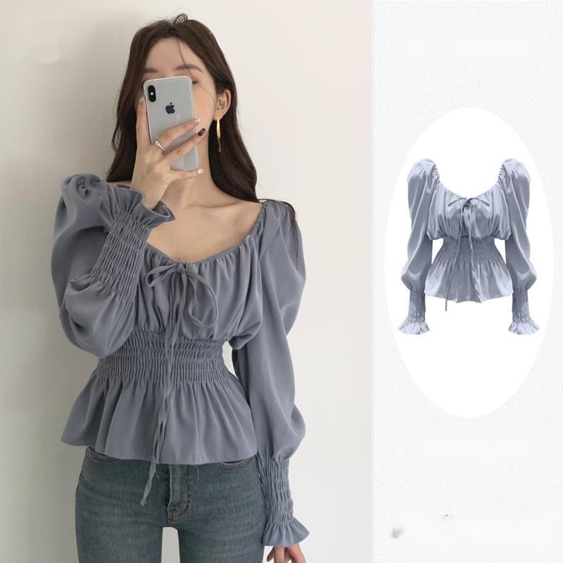 Áo Sơ Mi Tay Dài Cổ Vuông Màu Xanh Dương Phong Cách Retro