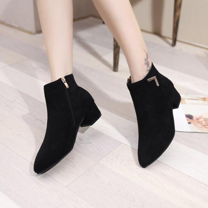 Boots cổ ngắn/Giày nữ, khóa kéo phá cách, da lộn, đế thấp, mũi nhọn, gót thô, kiểu dáng Âu Mỹ 🍊 ⚾️ 🐨