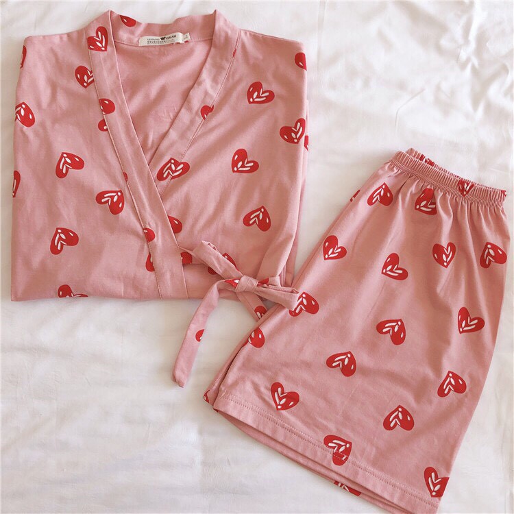 Bộ ngủ kimono cotton họa tiết trái tim nopi shop | BigBuy360 - bigbuy360.vn