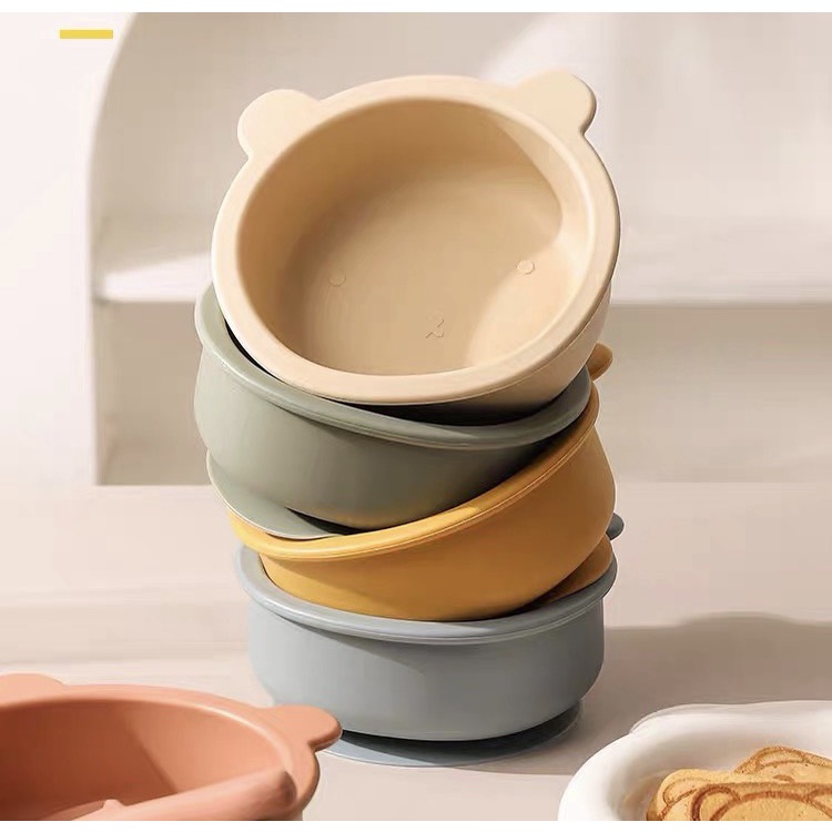 Khay và bát ăn dặm silicone hình gấu có đế trống trượt