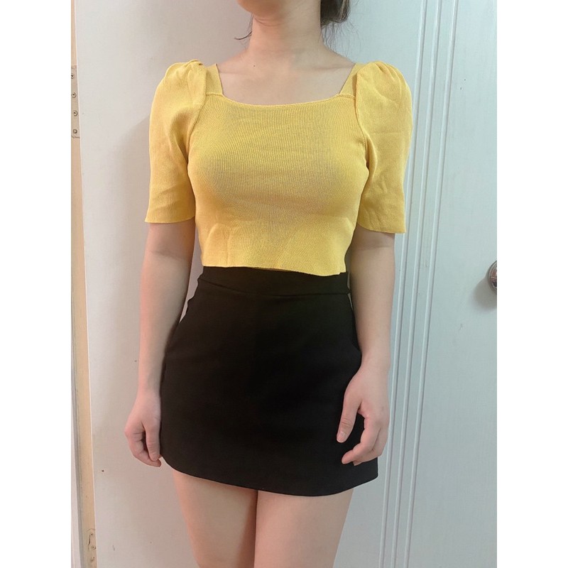 Áo len croptop cổ vuông trễ vai tay bồng chất thun tăm siêu mát hàng Quảng Châu loại 1 AL07