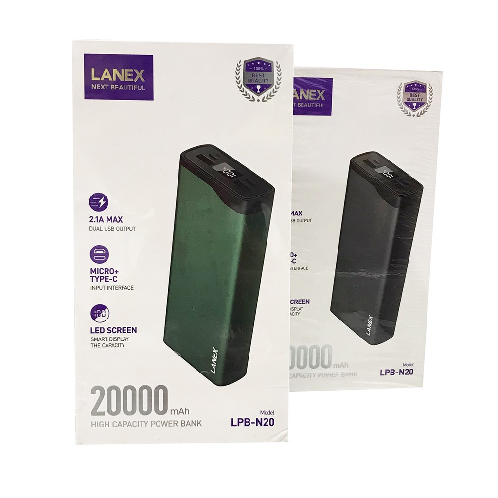 Sạc Dự Phòng lanex N20-20000MAH Lõi Polymer 2 Cổng Sạc Vào, 2 Cổng Sạc Ra - BH 1 Năm