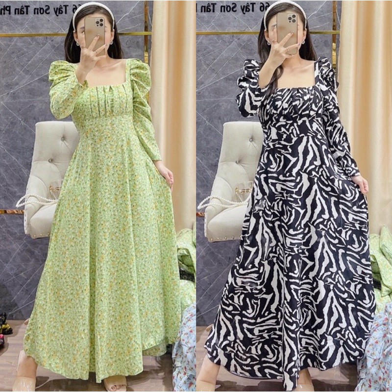 (Big size 40-65kg) Đầm maxi hoạ tiết cổ vuông ngực xếp li có túi hai bên tay dài ảnh thật chính chủ
