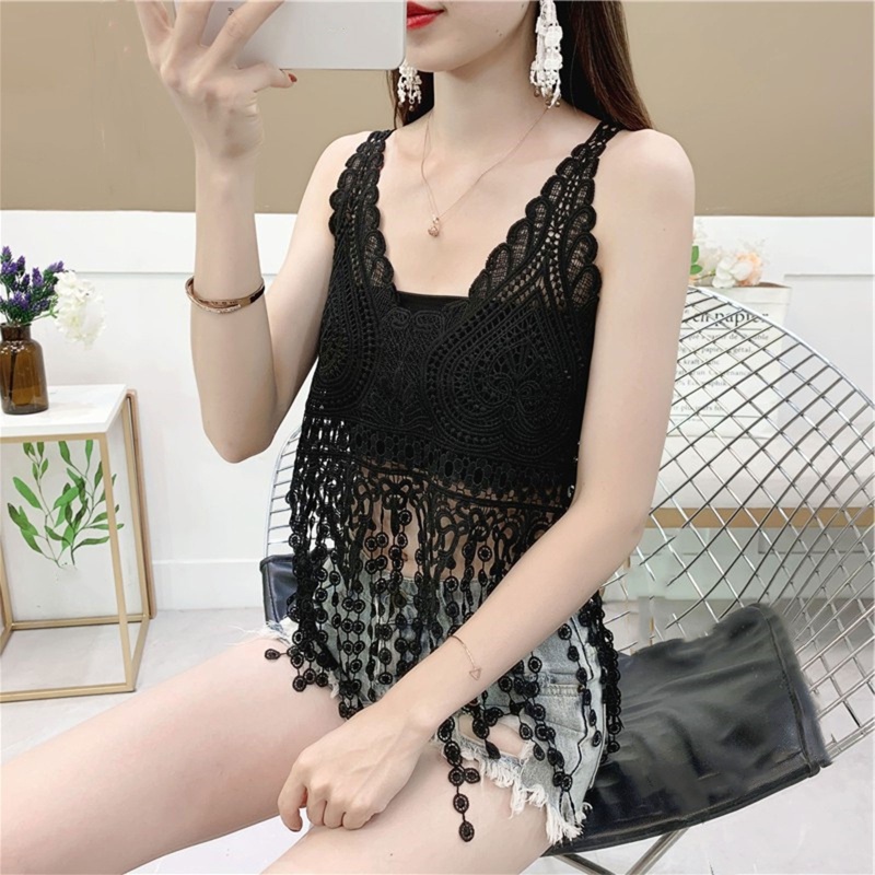 Áo Tank Top Tua Rua Dài Không Đều Màu Trơn Kỳ Nghỉ Cho Nữ