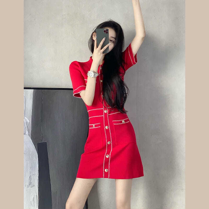 CHANEL Đầm dệt kim màu đỏ thời trang mùa hè Pháp 2021 cho nữ
