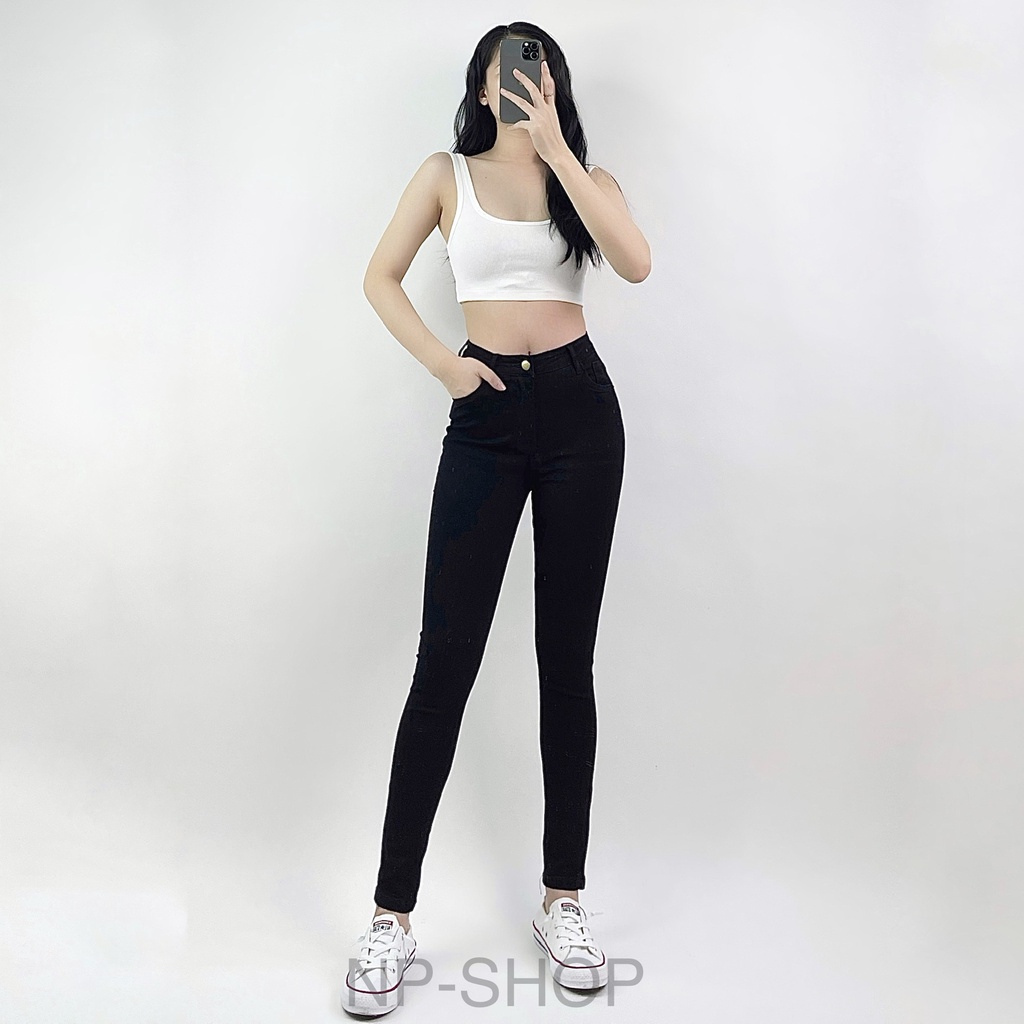 Quần jean nữ lưng cao co giãn có túi NPSHOP, quần bò cạp cao bigsize skinny jeans trơn dài basic