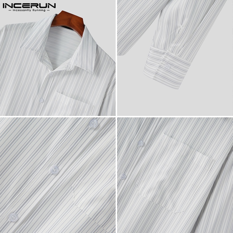INCERUN Áo Sơ Mi Nam Baggy Tay Dài Họa Tiết Sọc Dọc Thời Trang