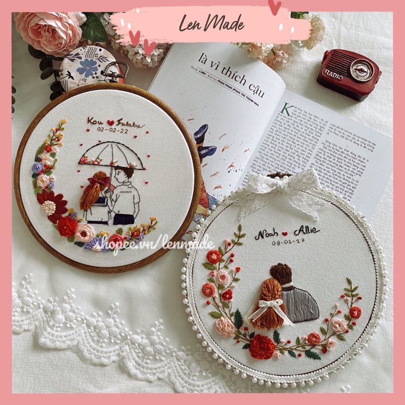 DIY bộ KIT thêu tay kỉ niệm TÌNH YÊU tự làm quà tặng valentine handmade decor trang trí bàn tiệc Lenmade embroidery cưới