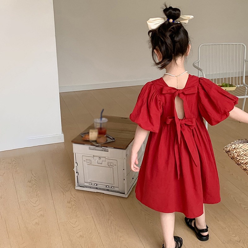 Đầm Công Chúa Màu Trơn Thắt Nơ Lưng Phồng Hở Lưng Thoáng Khí Dành Cho Bé Gái