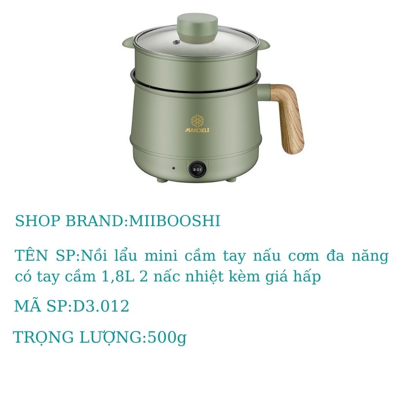 Nồi lẩu mini nấu cầm tay đa năng có tay cầm gỗ 1.8L có lớp cách điện siêu bền MIIBOOSHI D3.012