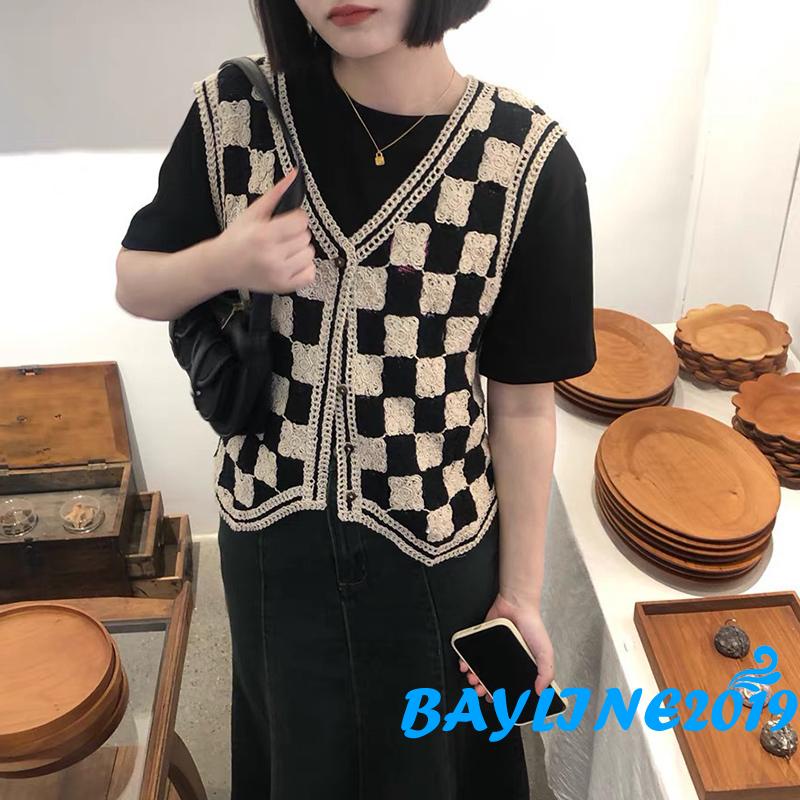 Áo khoác len cardigan sát nách cổ chữ v họa tiết kẻ sọc màu sắc tương phản thời trang cho nữ