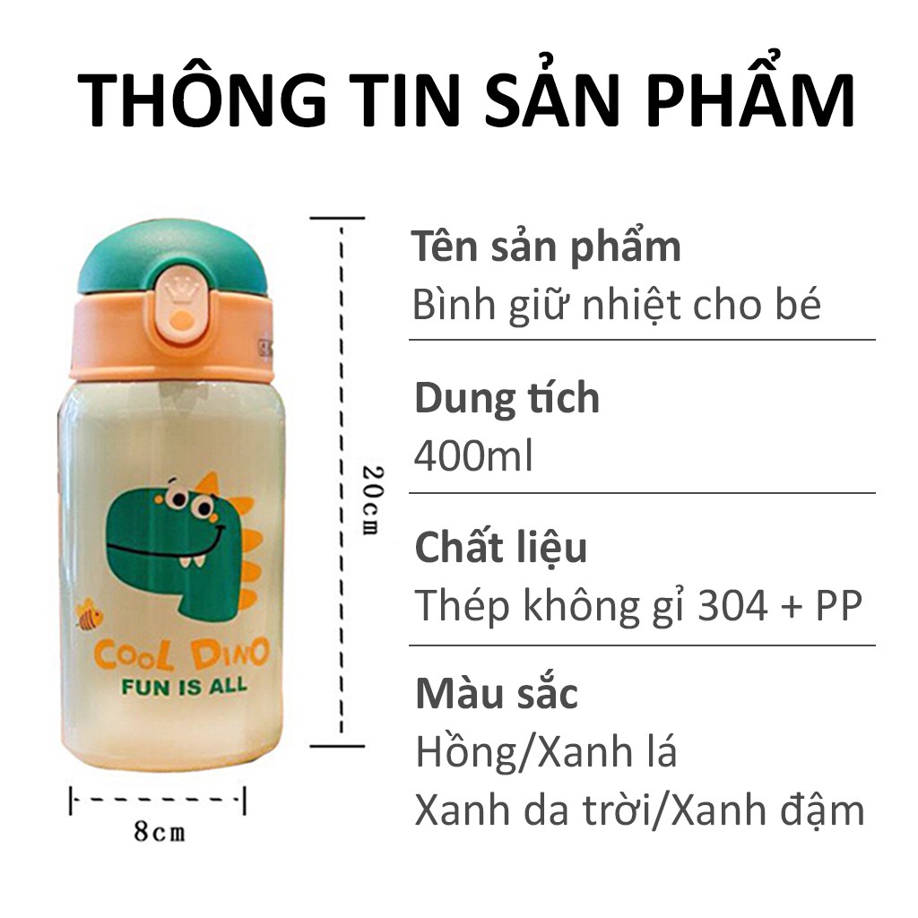 Bình giữ nhiệt cho bé 400ml bằng thép không gỉ 304 an toàn sức khỏe giữ nhiệt 10 tiếng tặng kèm túi tiện lợi