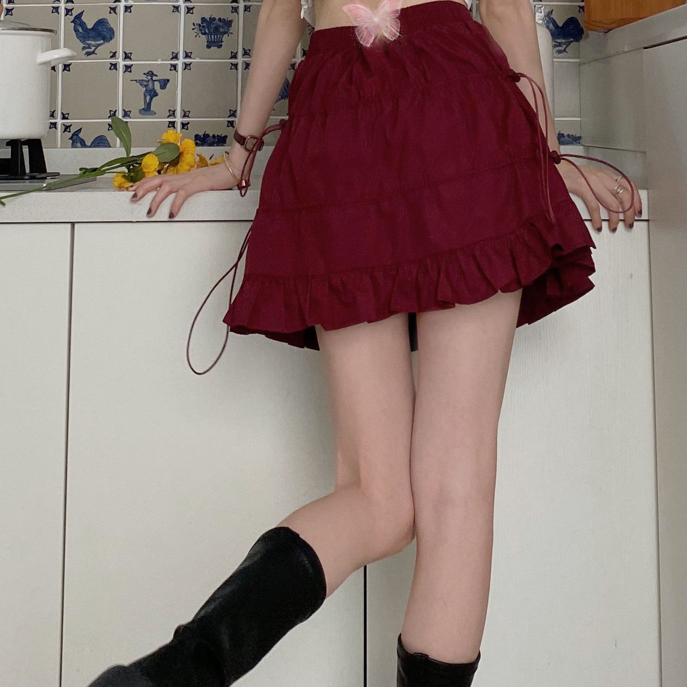 French Retro Sweet Girl Red High-Waist Slimming Short Skirt Elastic Waist Skirt 2021 | BigBuy360 - bigbuy360.vn