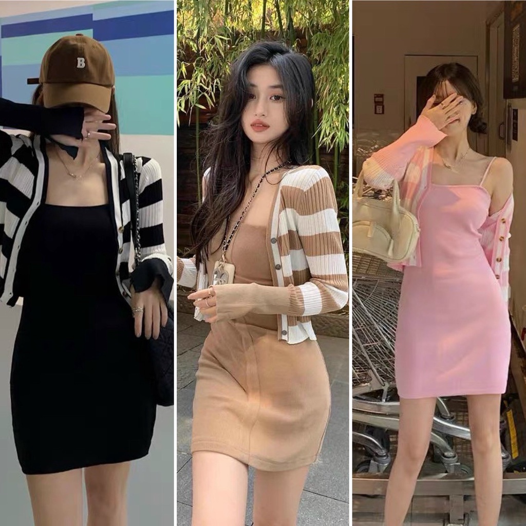 Set áo cardigan kẻ kèm váy 2 dây body trẻ trung