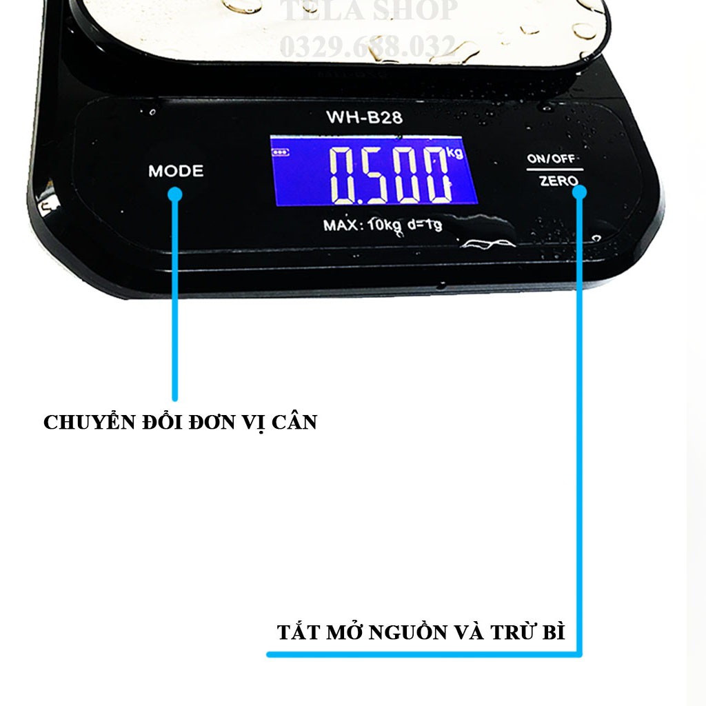 Cân điện tử mini nhà bếp 5kg 10kg WH B28 định lượng 0,1g chống nước chính xác cao sạc điện
