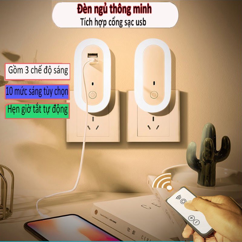 Đèn Ngủ Thông Minh Có Cổng Sạc USB  2021, Đèn Ngủ Oval Cắm Điện 10 Cấp Độ Sáng Điều Khiển Từ Xa Bằng remote-hẹn giờ
