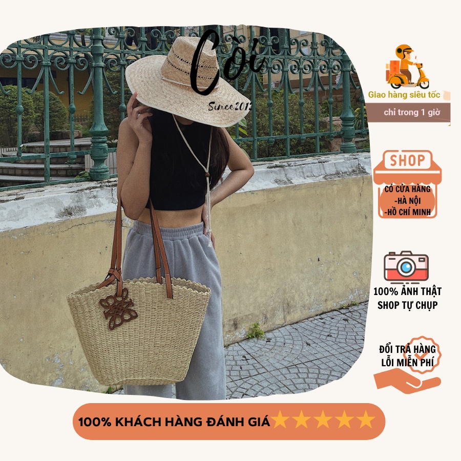 Túi cói đeo vai quai da lắc gỗ TC51 - ẢNH THẬT