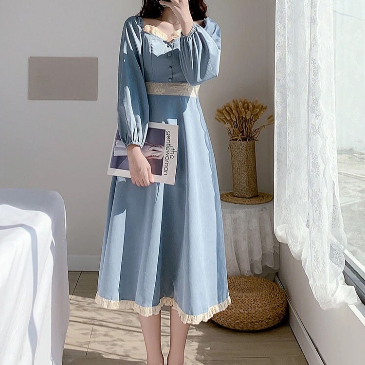Váy cổ vuông retro kiểu Pháp nữ 2020 mùa thu / đông mới tích siêu tiên eo thon gọn màu xanh da trời Platycodon <