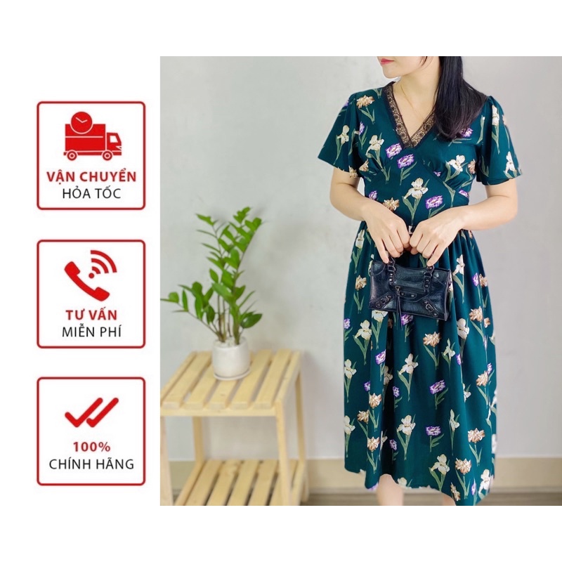 Đầm hoa lụa pha ren cổ V xếp ly ngực Phú hợp đi làm đi chơi đủ size M-2XL