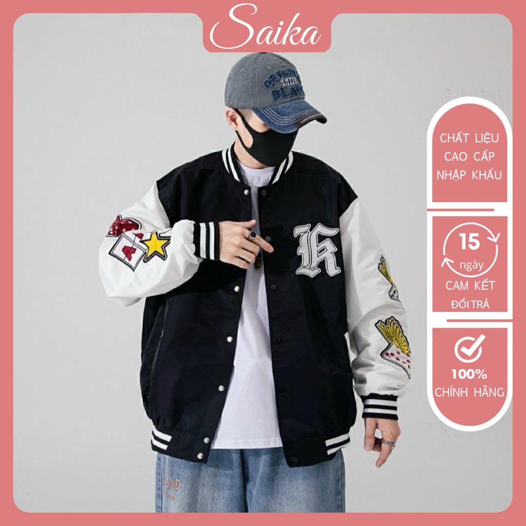 Áo Bomber Unisex Nam Nữ Tay Da In Chữ Áo Khoác Dáng Rộng Khóa Bấm Saika - A107