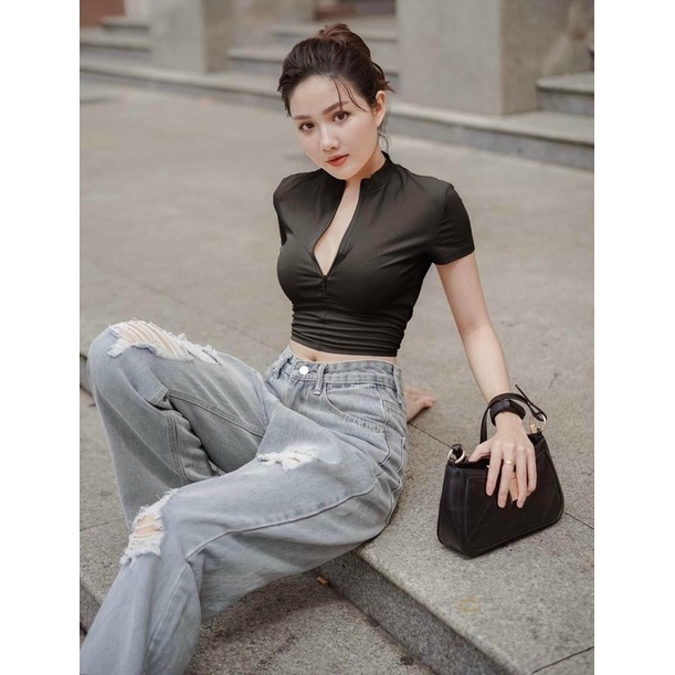 Áo croptop tay ngắn khoá kéo thun porip sịn sò