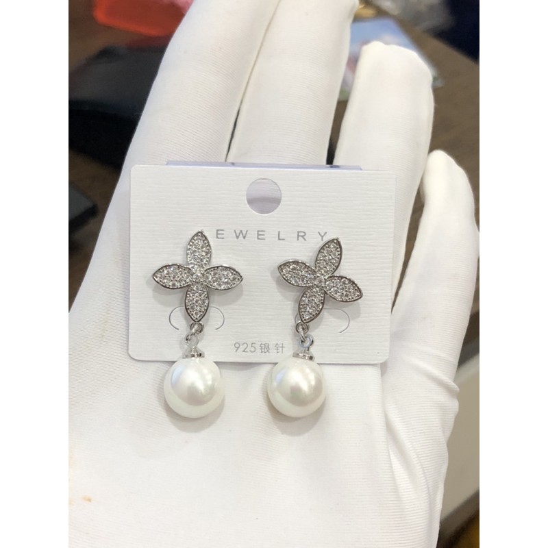 Bông tai bạc cỏ bốn lá Ngọc nạm đá,Bông tai cỏ bốn lá xi kim cao cấp-Minn Tâm Jewelry